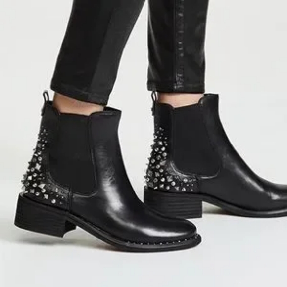 Sam Edelman Dover Black Leather Ankle Boots Womens Sz 7.5 Silver Studs & Spikes - Picture 1 of 13